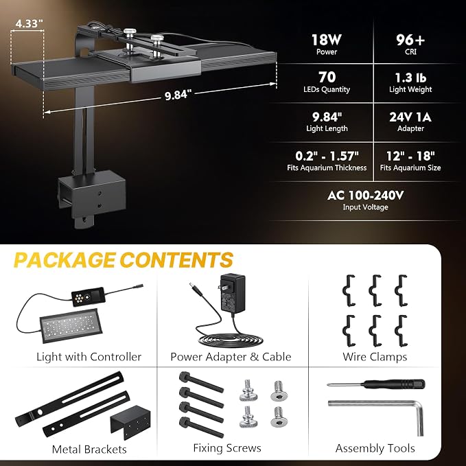 fishkeeper Clip on Aquarium Light for Plants, 6 Row LED Brightness, 18W | 12-18in Full Spectrum Fish Tank Light with 24/7 Natural Mode, DIY Mode, Adjustable Height/Front-to-Back Aquarium Light Riser