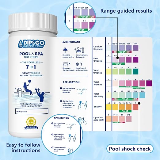 DIP&GO 7 in 1 Pool and Hot Tub Test Strips-125 Spa Test Strips for Hot Tub | Swimming Pool Test Kit for Bromine, Free Chlorine, pH, Total Alkalinity, Hardness, Cyanuric Acid and Total Chlorine