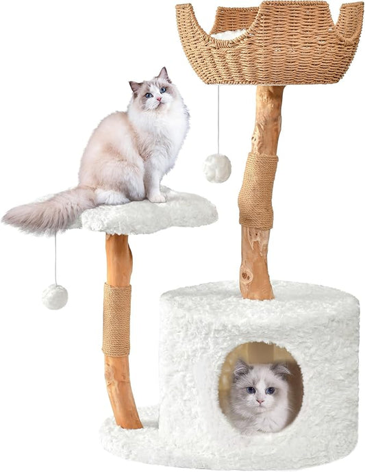 Easyego Modern Cat Tree, 39.9" Aesthetic Wood Cat Tree Tower for Large Cats, Luxury Cat Condo with Scratching Posts and Flower Platforms, Cat Furniture, White