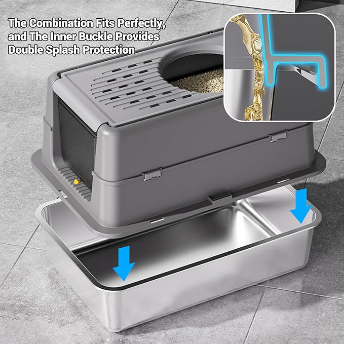 Stainless Steel Cat Litter Box with Lid - Enclosed Covered Metal Kitty Litter Box Enclosure with 180° Flip-Top, Leak-Proof High Sided Cat Box & Scooper, Easy to Clean, Odor Control, for All Cat Sizes