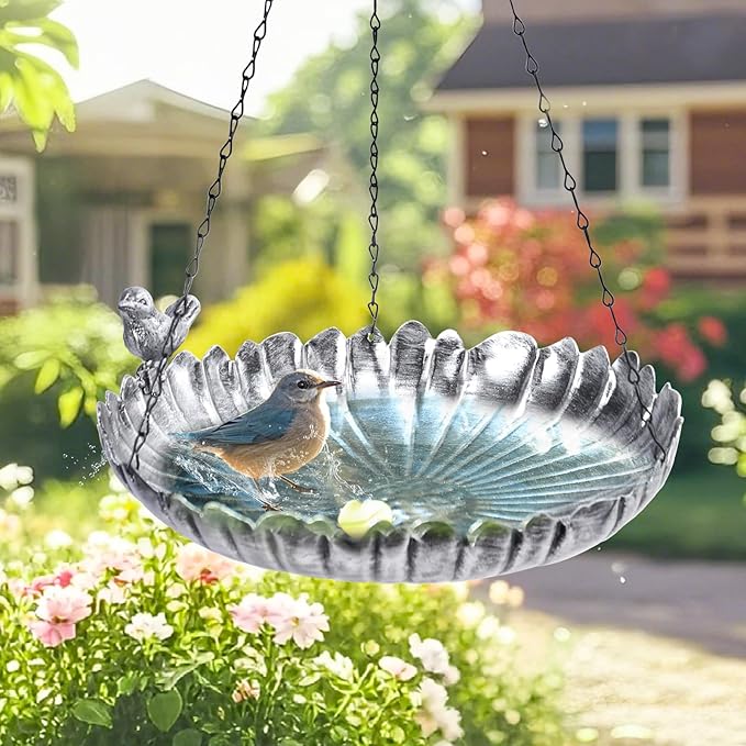 MUMTOP Hanging Bird Baths for Outdoors - Metal Bird Bath, 11.6 Inch Flower Shape Birdbath Bird Feeder Bowl for Outside, Garden, Lawn Yard Decor(Silver)