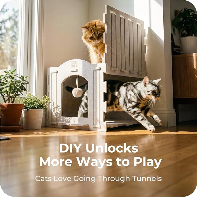 Apasiri Cat Bed Cave for Indoor Cats: New Felt Cat Bed with Fluffy Ball, Foldable Cat House with Scratch-Resistant Board, Hideaway Cat Cave for Timid Cats, Sturdy Two-Tier Cat Condo & Cat Houses
