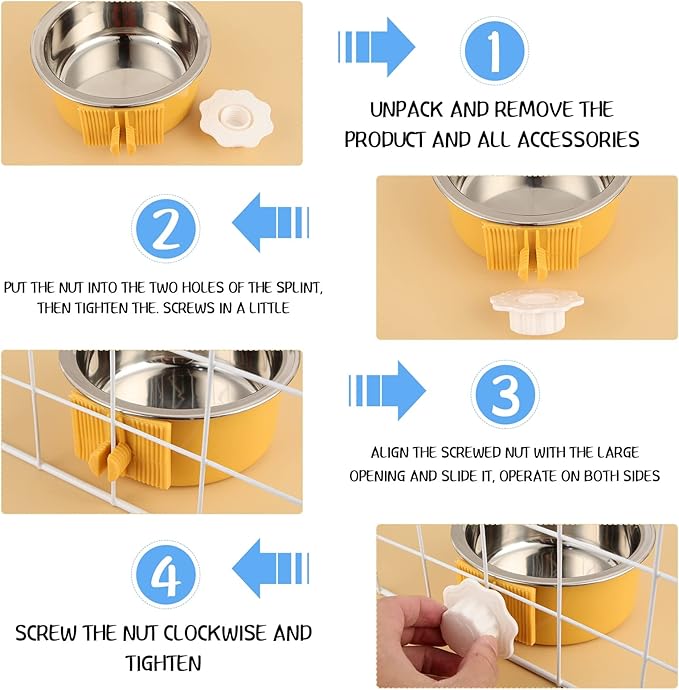 Amyhill 12 Pcs Crate Dog Bowls Bulk Removable Stainless Steel Hanging Food Water Feeder Bowl Pet Kennel Cage Coop Cup for Cat, Puppy, Birds, Rats, Ferret, Guinea Pigs, 3 Colors
