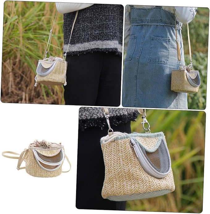 Portable Hamster Carrier with Ventilated Gauze Small Pet Carry-Out Bag Lightweight Straw-Woven Design for Outdoor Travel 5.51X5.51X4.72In