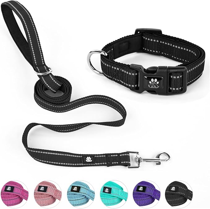 NESTROAD Dog Collar and Leash Set,Reflective Dog Collars with Quick Release Buckle,Adjustable Nylon Pet Collar for Small Medium Large Dogs(Medium,Black)