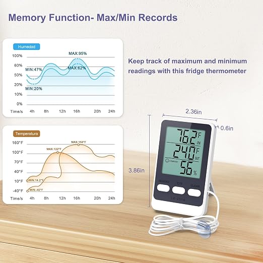 Refrigerator Thermometer with External Sensor, LCD Display Indoor Temperature and Humidity Gauge, Fridge and Freezer Thermometer, Max/Min Temperature in 24H, for Aquarium, Refrigerator, Freezer