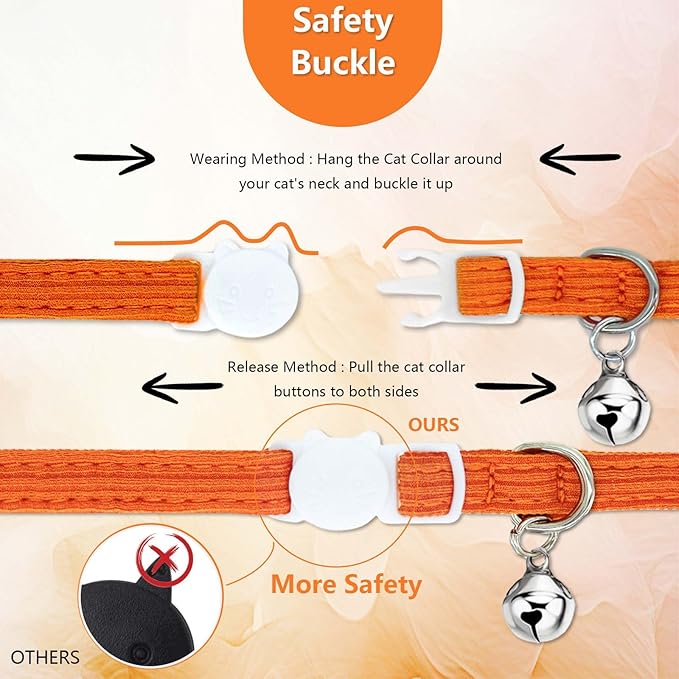 Cat Collar, HANSHILAI Kitten Collar with Bells, Cute Cat Collar Breakaway for Girl Boy with Flower,Collar para Gatos (2 Pack) (Orange & Rose Red)