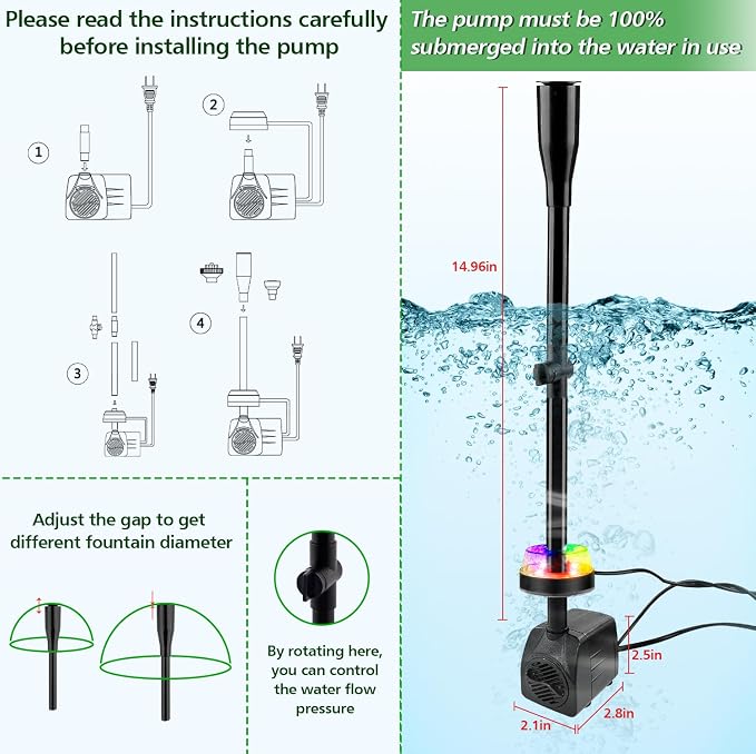 15W 800L/H Submersible Fountain Pump with LED Lights, Adjustable Quiet Water Pump, Pond Fountain Pumps for Water Feature, Garden, Aquarium Fish Tank, Indoor Outdoor Fountain with 3 Type Nozzles