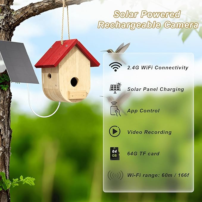 Hummingbird House with Camera Solar Powered, HD Full Color Night Vision Bird Camera, 2.4G WiFi & App Notify, Watch Bird Nesting & Hatching in Real Time, Ideal Gift for Bird Lovers