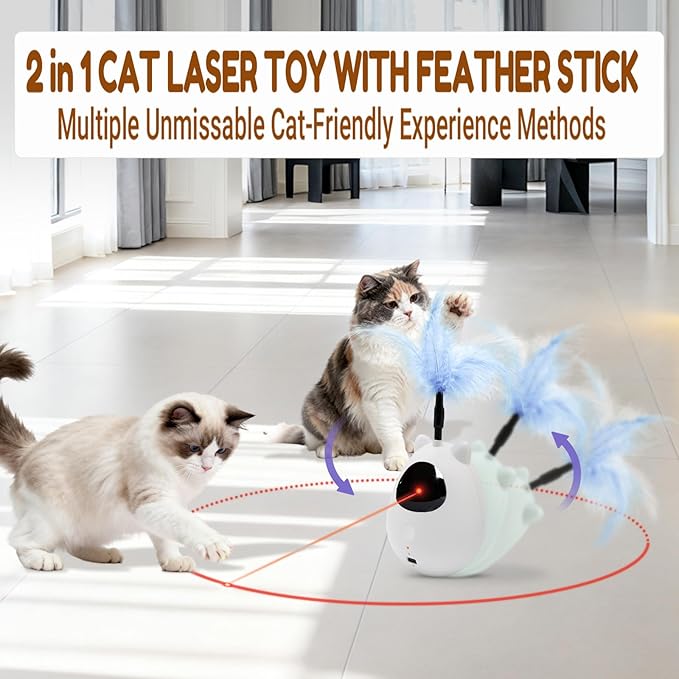 Cat Toy, Cat Toys for Indoor Cats, Cat Laser with 3 Speed Modes and 3 Adjustable Rotation Ranges, Feather Interactive Wobble Toy for Bored Indoor Adult Cats and Kittens