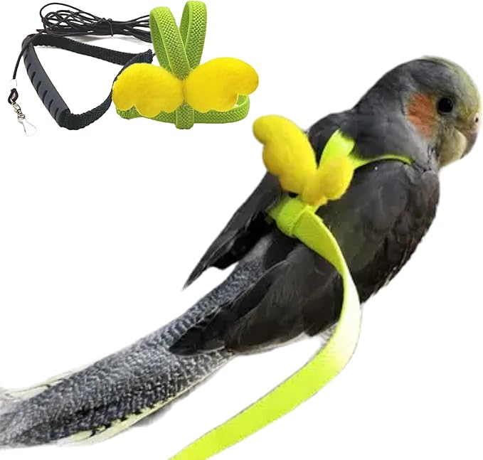 Pet Parrot Bird Harness Leash Adjustable Bird Flying Harness Traction Rope with Cute for Parrots Budgerigar Lovebird Cockatiel Mynah Outdoor Training Toy (Budgerigar/Lovebird,Yellow)