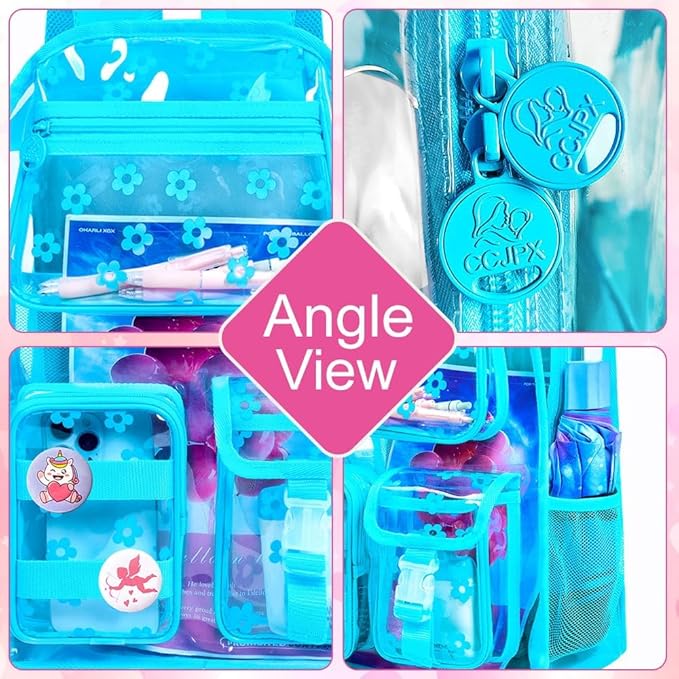 CCJPX 3Pcs Clear Backpack for Girls, School Transparent Bookbag, Heavy Duty See Through Backpacks for Teens Elementary