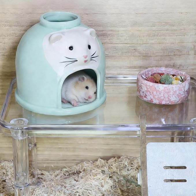 Ceramic Hamster Hideout Syrian Hamster House and Habitat Gerbil Hideaway Cooling Cave for Rat Mice Cage Decor Accessories (Blue)