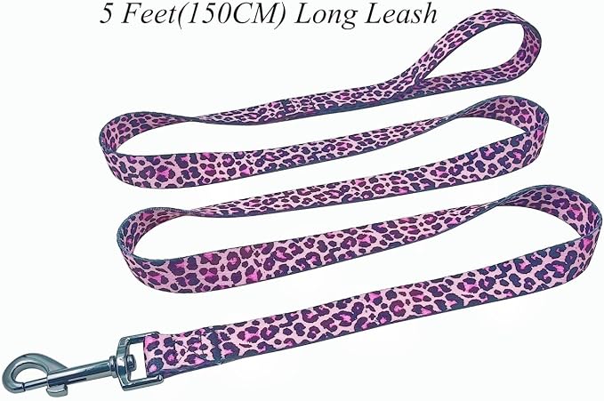 Dog Collar Leash Set, Leopard Pattern, Polyester Material, Adjustable Collar and 5ft Matching Leash, for Small Dogs.(S, Colorful Leopard)