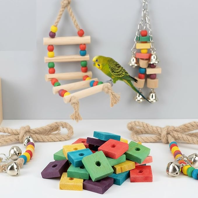 20PCS Colorful Wooden Chew Toys for Small Birds,Mini Wooden Blocks for Parrots, DIY Playtime Chewing Charms,Safe Bite Toys for Large Birds & Parakeets