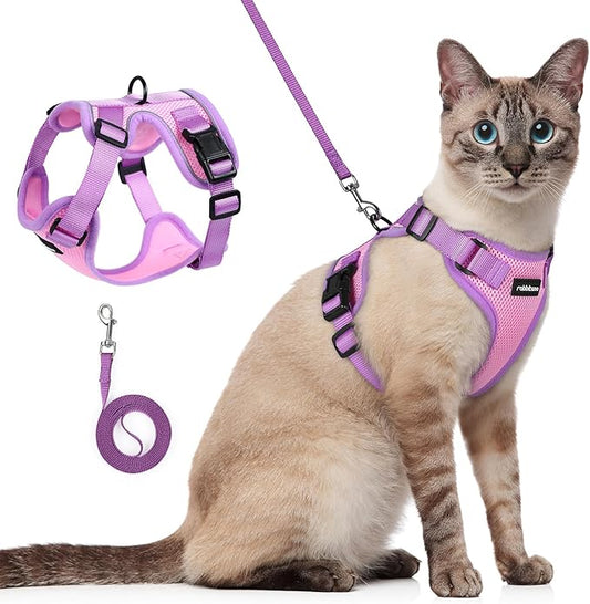 rabbitgoo Cat Harness and Leash Set, Escape Proof Soft Adjustable Vest Harnesses for Outdoor Walking, Easy Control Breathable Kitten Jacket with Reflective Strips, Pink & Purple, S