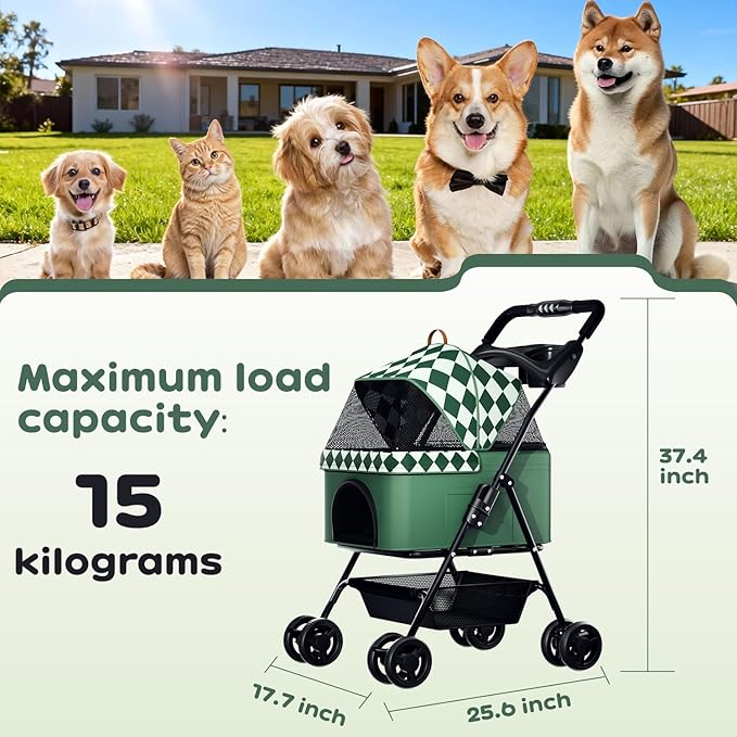 Foldable pet Stroller for Cats with Detachable Weather Cover, 4 Wheels Pet Strolling Cart for Dogs and Cats with Storage Basket and Cup Holder（Green）
