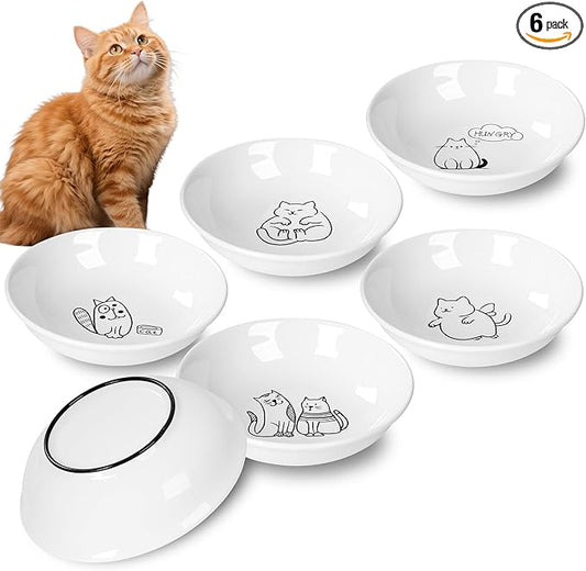 6 PCS Cat Bowls,Cat Food Bowl,Anti Whisker Fatigue Ceramic Cats Dishes for Indoor Cats,Shallow Wide Kitten Plates for Wet & Dry Food and Water,Non-Slip Silicone Base (Cute Drawing cat)
