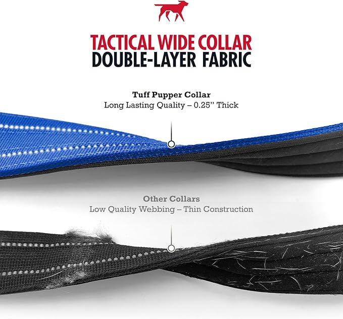 Tuff Pupper Tactical Dog Collar | Heavy Duty 1.5" Wide Ballistic Nylon | Training Control Handle | Quick-Release Metal Buckle | Reflective Bands | ID Tag Holder | Padded Inner Lining (Blue, Medium)