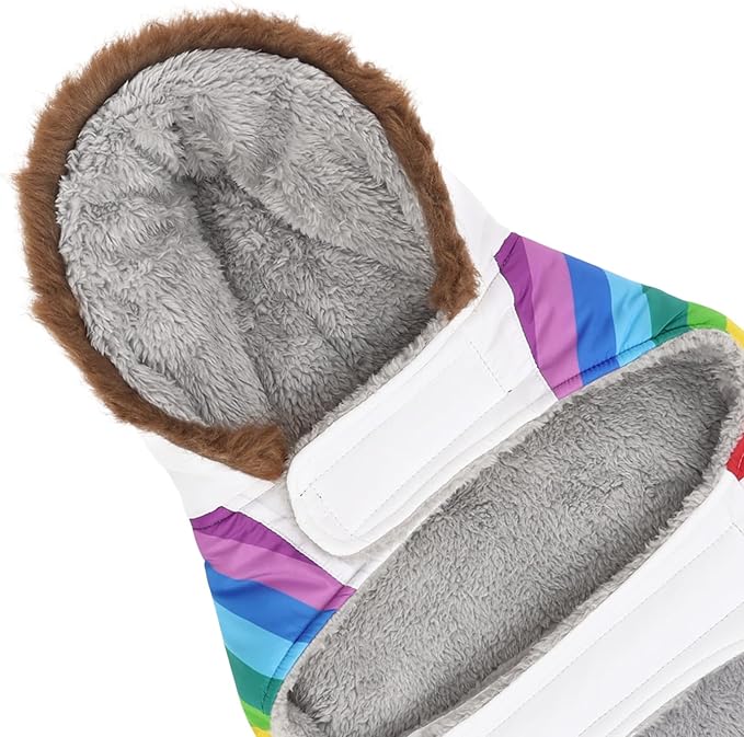 HDE Dog Puffer Jacket Fleece Lined Warm Dog Parka Winter Coat with Harness Hole White Rainbow Stripe - XXL