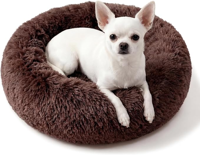 Calming Donut Dogs Beds for Small Dogs Washable,19inch Fluffy Round Puppy Bed for Puppies,Cats & Toy Breeds with Raised Rim,Fits up to 15 lbs Pets,Chocolate Brown