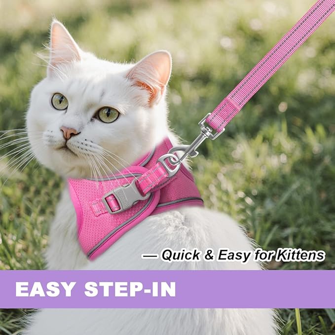 Cat Harness and Leash Set,Escape Proof Kitten Harness,Step in Adjustable Soft Lightweight,Easy Control,Reflective Strips Comfortable for Walking Travel(Pink,XXXS)