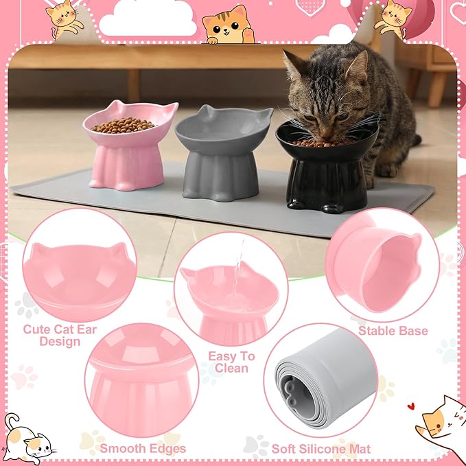 3 Pcs Elevated Cat Bowls 15°Raised Cat Food Bowl with Silicone Mat Whisker Friendly Anti Vomiting Cats Dishes Pet Food and Water Bowls for Indoor Cats Kittens Classic Pink, Grey, Black Pink, Grey, Bla