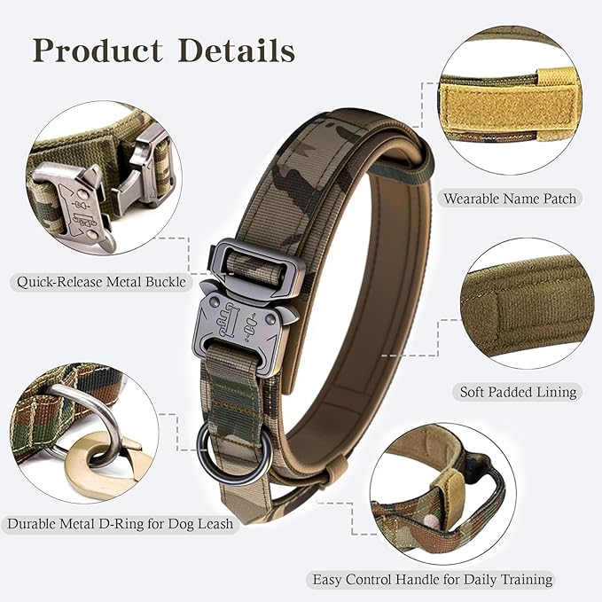 Xqpetlihai Tactical Dog Collar and Leash Set Adjustable Military Nylon Dog Collar with Control Handle and Heavy Duty Metal Buckle for Large Dogs （Camo XL