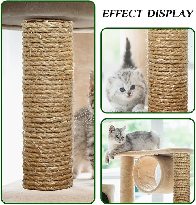 Natural Sisal Rope 1/4 Inch by 65-Feet for Cat Scratching Post Tree Tower Replacement Repair and Replace, DIY Hemp Twine Rope for Kittens Shelves Furniture Window Bed Perch Hammock cave, 6mm by 20m