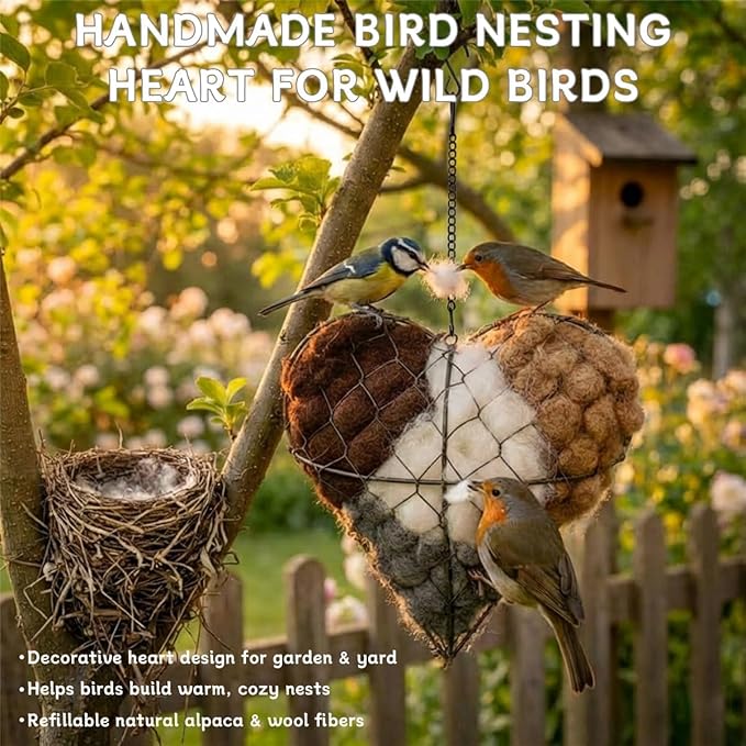 Handmade Alpaca Fiber Bird Nesting Heart, Alpaca Fiber Bird Nesting Material, Heart Shaped Birds Nestings House with Hanger for Wild Birds, Decorative Outdoor Garden Birdhouse Gift(1PCS)