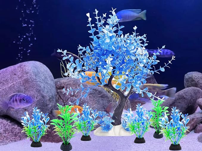 Aquarium Fish Tank Decorations, Blue Plastic Tree with 6 Pack Small Artificial Aquarium Plants Set for Betta Fish Tank Decor
