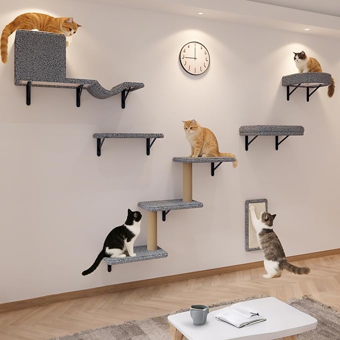 Cat Wall Shelves, 10-Piece Complete Cat Wall Furniture System with Perches and Scratching Posts, Stable Floating Climbing Set for Large Indoor Cats, Space Saving Kitty Furniture - Light Gray
