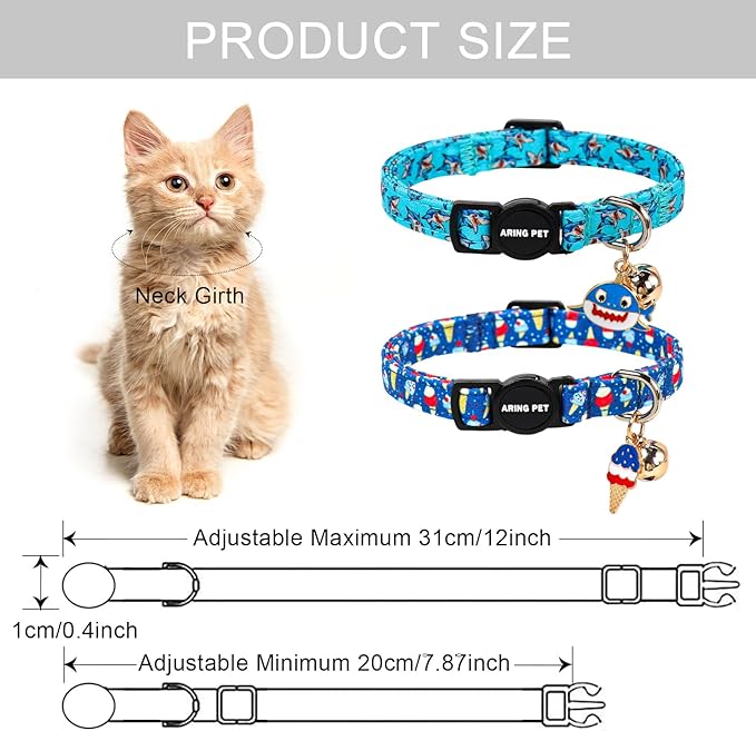 ARING PET 2 Pack Cat Collars with Bell, Cute Soft Cotton Kitten Kitty Breakaway Summer Cat Collars for Boy Girl Cats-Blue Shark & Ice Cream