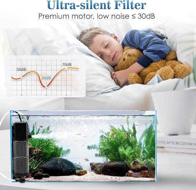 AQQA Submersible Aquarium Filter, Adjustable Flow with Aeration System | Ultra Quiet, Biochemical Sponge Filtration, Fish Tank Filter Built-in Rainfall Aerator, Fits Tanks Up to 70 Gallon, 211GPH