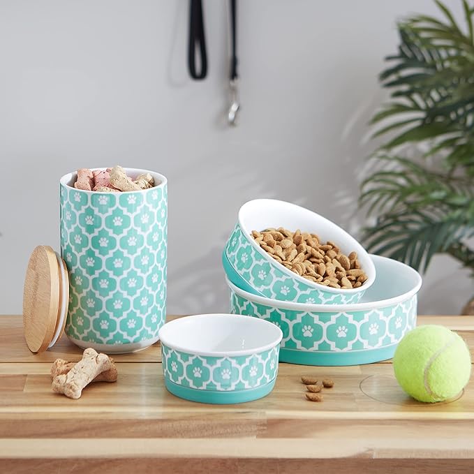 Bone Dry Lattice Collection Pet Bowl & Canister, Single Dish, Small 4.25x2", Aqua