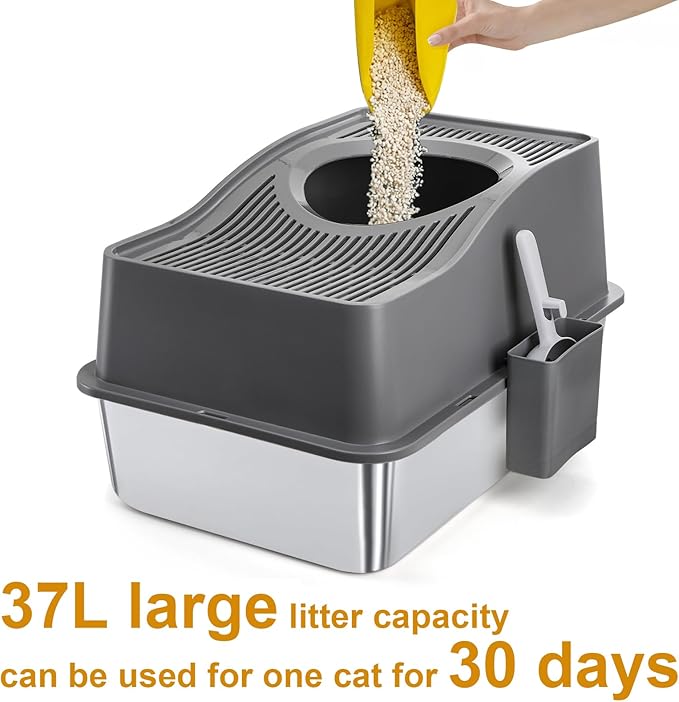 SOUJOY Stainless Steel Cat Litter Box with Lid, Extra Large Top Entry Litter Boxes for Big Cats, Enclosed Removable Metal Litter Box with Scoop and High Wall, Anti-Leakage, Easy Cleaning