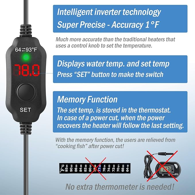 Super Mini Aquarium Heater 20W Betta Heater for 2-4 Gallon Tanks, Small Fish Tank Heater Turtle Heater with Dry-Run/Overheat Protection, Memory Function