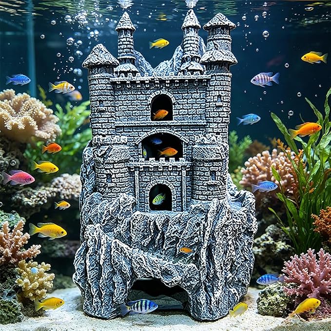 Teaeeno Age-of-Magic Wizard’s Castle Aquarium Décor-Resin for Freshwater and Saltwater Fish Tanks-Large House Ornament Kit -Cute Fish Tank Decor Aquarium Decor-Charming Castle Decor Statue(Stone)