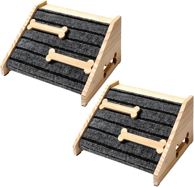 2-Pack Wooden Dog Ramp for Stairs - Natural Pine Wood Pet Step Ramp with Anti-Slip Bone Strips & Felt Padding, Stair Wedge for Small Medium Dogs, Indoor Home Safety Access for Injured Dogs