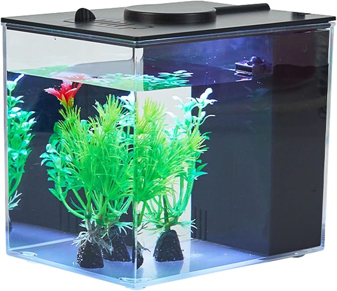 Mini Fish Tank Betta Aquarium Starter Kits Multifunctional Desktop with Switch Button LED Aquarium Kit White, 1 Gallon（Black）