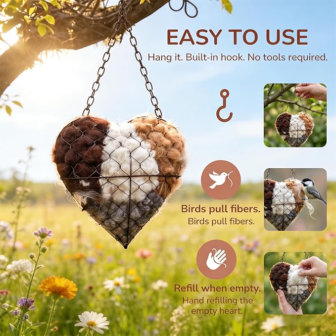 2026 New Handmade Alpaca Fiber Bird Nesting Heart,Refillable Alpaca Bird Nesting Material,Nesting Material for Wild Birds and Hummingbirds for Fowl Gifts Animal Hummingbirds Lovers (1pcs)