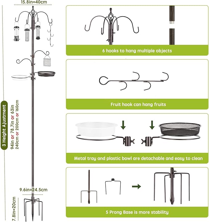 Bird Feeder Station with Suet Cage & Water Bowl Fruit Hook- Adjustable Pole, 6 Hanging Hooks for Wild Birds, Outdoor Garden Bird Feeding Kit
