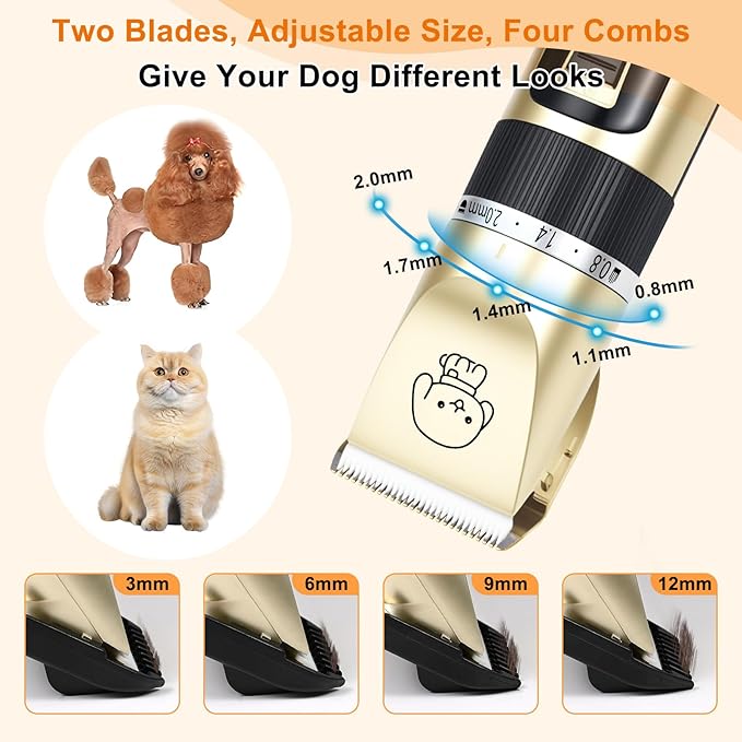 FrutPunch Dog Grooming Kit, Cordless Dog Clippers, Electric Shaving, Low Noise Rechargeable Dogs Hair Trimmer, with a Shaving Head for Feet, Suitable for Cats and Dogs, 2000MA