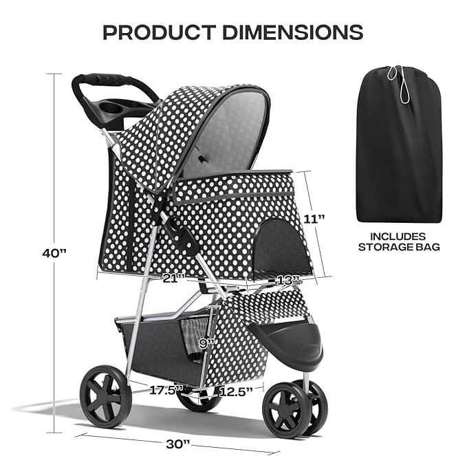 Pet Stroller for Small Dogs 10 lbs, Dog Stroller for Medium Dogs 30 lbs, Cat Strollers for 2 Cats, 3 Wheels Foldable Jogger Puppy Stroller with Storage Basket and Cup Holder, Black Polka Dots