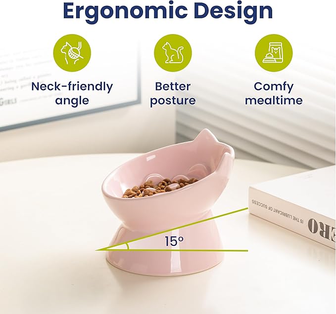 PawsPik Lynx Ceramic Raised Slow Feeder Dog & Cat Bowl, Tilted 15° Elevated Pet Food Bowl, Whisker-Friendly Anti-Choking Dish, Dishwasher Safe (Quartz Pink)