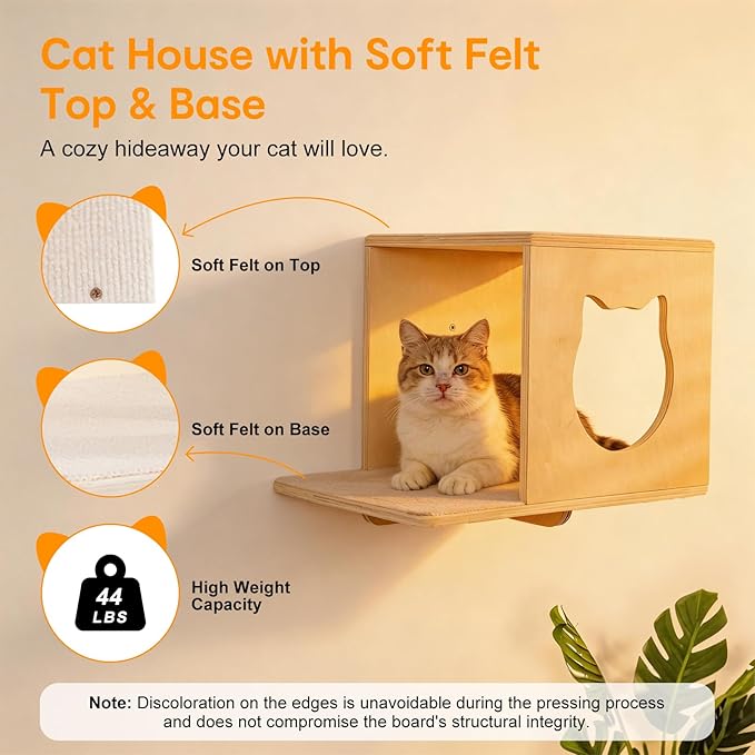 8-in-1 Cat Wall Shelves for Large Cats, Wall Mounted Cat Furniture with Feeding Station&Extra Wide Hammock, Heavy Duty Cat Climber for Indoor Cats to Sleep Play & Eat, 44lbs Capacity, Wood