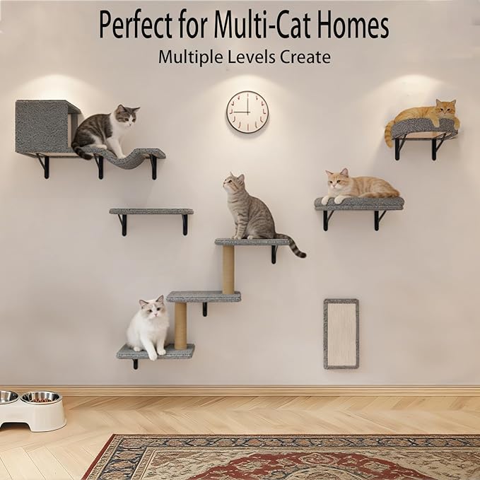 Cat Wall Shelves, 10-Piece Complete Cat Wall Furniture System with Perches and Scratching Posts, Stable Floating Climbing Set for Large Indoor Cats, Space Saving Kitty Furniture - Light Gray