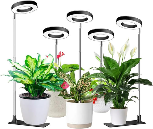 Aokrean Grow Lights for Indoor Plants, Full Spectrum Plant Lights for Indoor Growing, Height Adjustable Halo Grow Light with Base, 3 Optional Spectrums, Auto Timer 3/9/12Hrs, 10 Brightness, 5 Pack