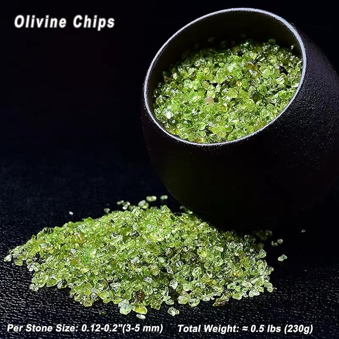 Erliway Olivine Crystal Chips Bulk for Vase Filler Craft, 0.5 lb 3-5 mm | Natural Crushed Crystal Stone for Spell Jar, Aquarium Gravel, Reiki Healing Meditation, Jewelry Making, Resin Art, Home Décor