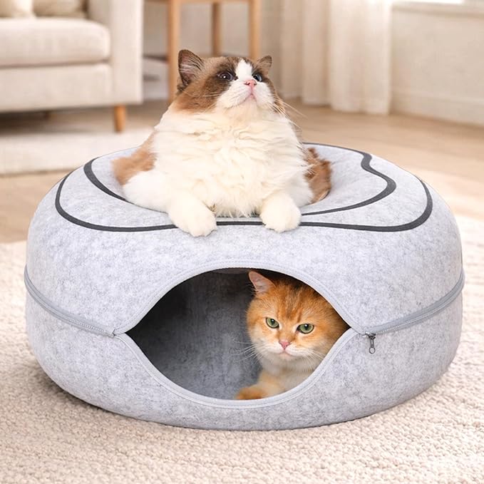 Peekaboo Cat Cave Donut - Cat Tunnel Bed for Indoor Cats – Cute Patterns Hideaway for Multiple & Large Cats, Scratch-Resistant (Light Gray)